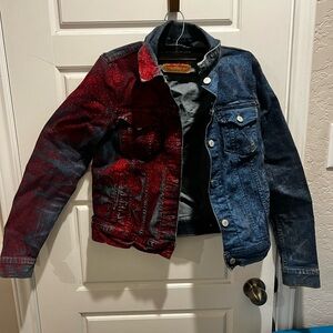 Harlequin jean jacket women’s large Red and Blue Denim Jacket